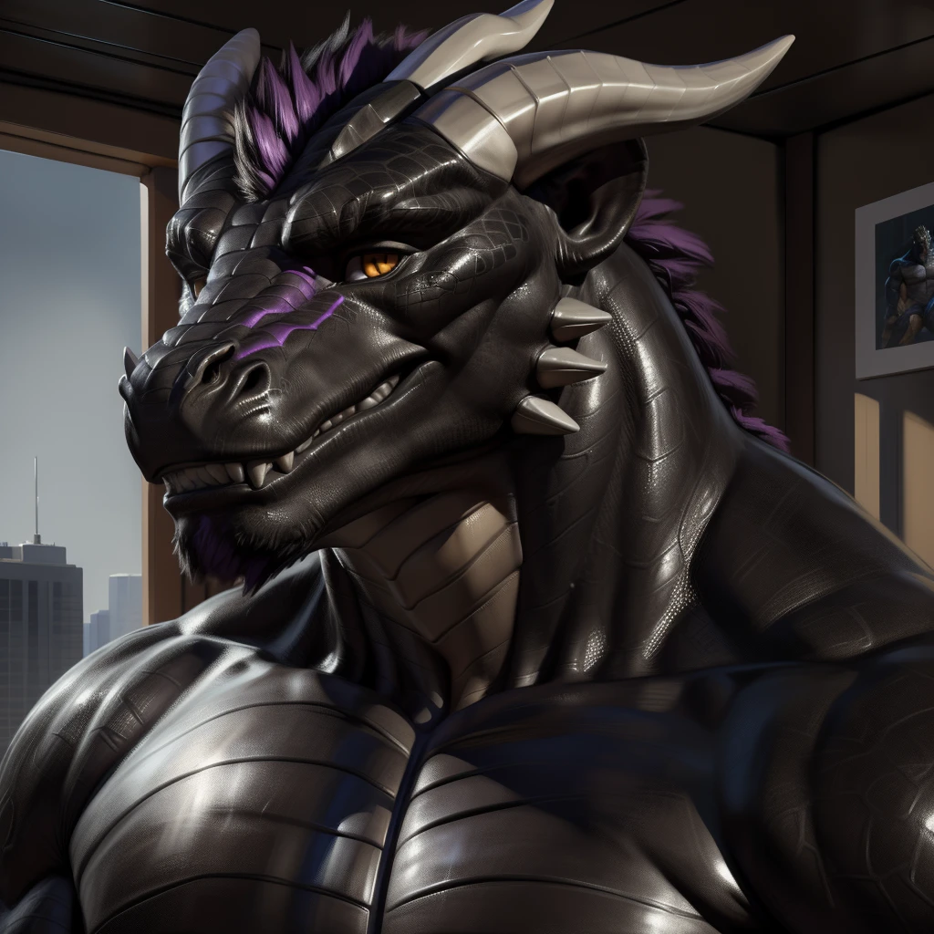 uploaded on e621.net, (best quality, masterpiece, highres, HD, 16k, textured skin, high detail)+, (ultra realism shading, photorealistic)+++, anthro, (dragon)++, (black body)++++, (purple pectorial muscles)++++, (purple abs)++++, (face shot)++, (gray horns on head and jaw), big muscles, male focus, male, gay, handsome, (male solo)++, bedroom, tall, (detailed yellow eyes)+, soft smile, looking at viewer, (correct anatomy)+, (art by kaynine, chunie, darkgem, ffffolder)+