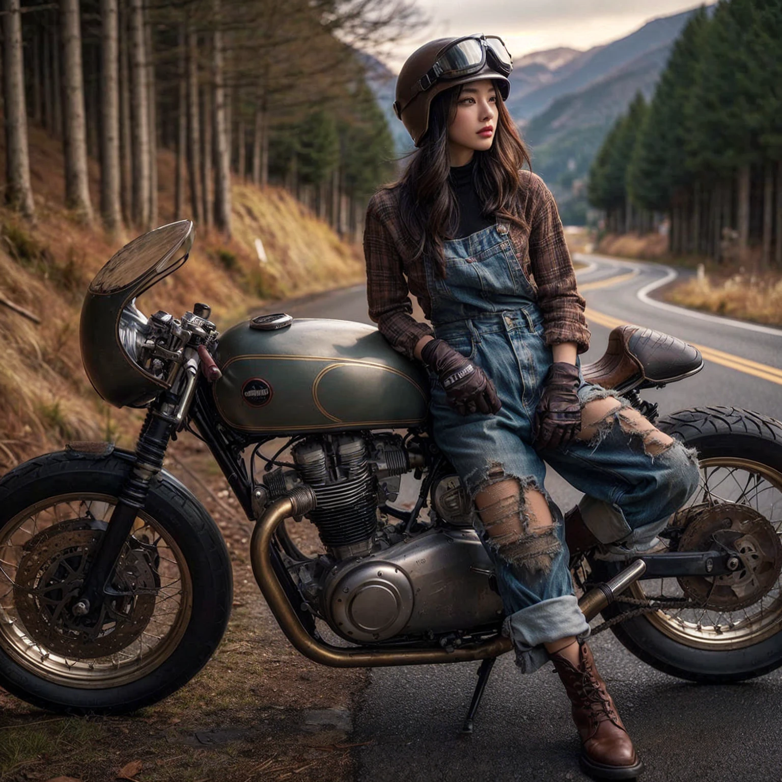 1950s, cafe racer, Japanese woman, riders wear, beautiful face, torn pants, very intricate details, metallic paint, single road in wilderness, (masterpiece, best quality:1.2), (8k uhd, 16k, 32k, ultra high res), realistic photo, taken with Fuji film X-T30+Nokton. HDR10