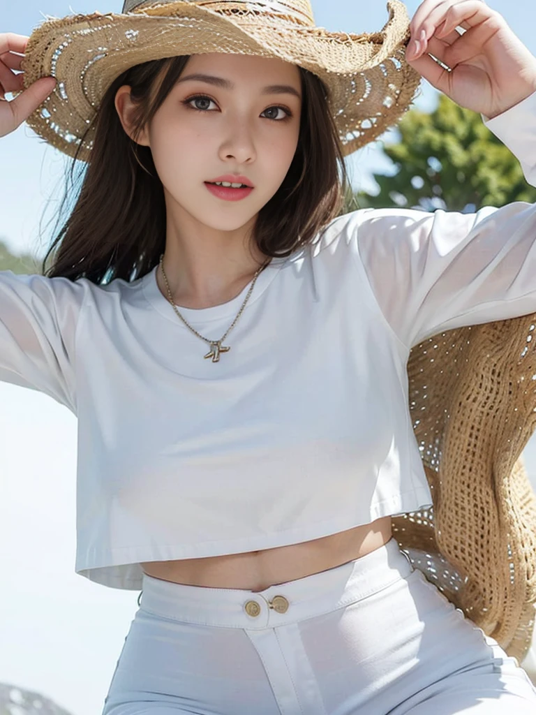 Look at this and smile、Colorful summer clothes、top quality、​masterpiece、超High resolution、(actual:1.4)、Very wide lens、close up、Young woman beautiful、Nice detailed eyes and skin、smile、Short brown hair haircut、bust、Small necklace、、straw fedora hat、、Summer sky、(highest image quality: 1.35), high quality, Realistic photo, (A beautiful woman:1.33), beautiful expression, (delicate eyes:1.3), (delicate face:1.3), Smile, (light hair silhouette:1.2), Super detailed , high resolution, Athletic figure, (big breasts:1.25), (long hair:1.2), (beautiful woman), (Cute navel:1.2), ( Depth of field f/1.8:1.45 ), sharp focus, original image , (Thin white shirt:1.45), (Thin white pants:1.4), (Thin white tight pants:1.4 ), (shirt thin white eyelashes:1.4), (thick thighs:1.5), (forward facing:1.25), (cowboy photo:1.4), (night sports:1.4), ( dark sky:1.5 ),