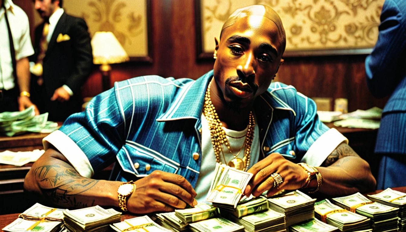 1970s photo of "2Pac" wearing 1970s attire, he is counting cash, 