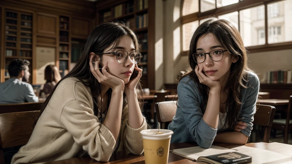 Um encontro casual em uma biblioteca silenciosa, where the characters exchange shy glances. Soft sound of glasses and cups being placed on tables.
Light murmur of low conversations and muffled laughter. (melhor qualidade), 8k resolution), (ultra highres)