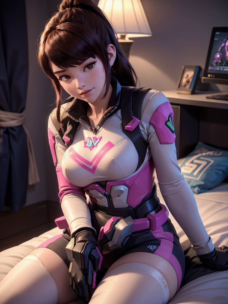 ((DVA from Overwatch)) without her mech, a woman with short brown hair in a (ponytail),she sits with her legs spread, high quality refelctions, volumetric lighting, she is wearing her classic pink, white and blue bodysuit, in her bedroom on her bed, 1 girl solo, cinematic lighting, high resolution, physically-based rendering, 8k, volumetric lighting, hyperrealistic, detailed facial features, masterpiece, full upper body, gaming setup in background, cinematic, you can see the fabric of the shirt and the knits very detailed,(she has very small breasts), nsfw, the focus is on her whole body and the environment, cinematic screenshot, you can see the (whole room) and her sitting on the bed, the picture has a very soft look at soft textures, cute sleepy smile, her arms are on a game controller, DVA is gaming before sleeping, woman body