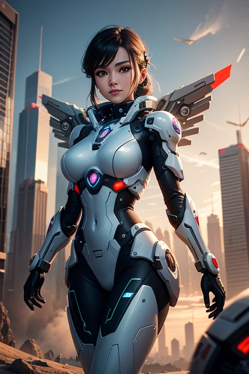 Woman in a futuristic suit standing in a futuristic city, Girl wearing mecha cyber armor, (Mechanized Valkyrie Girl), (Beautiful cyborg angel girl), Cyberpunk Girl Mecha, Unreal Engine Rendering + goddess, Cyberpunk Girl, Beautiful Caucasian girl cyborg、Medium chest、smile、(top-down bottom-up)