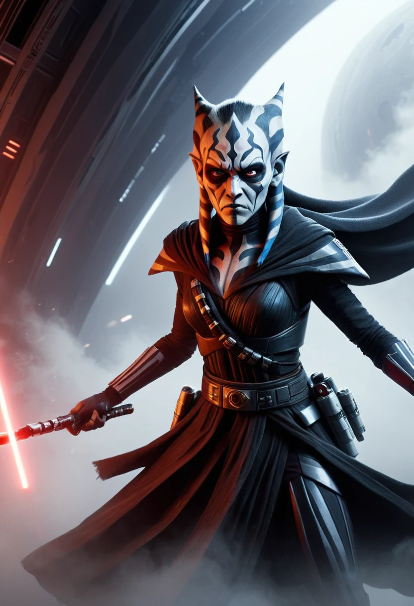 a Star Wars character, a Sith, Hyper detailed portrait of Zabrak Ahsoka Darth Maul, incredibly beautiful and dangerous, with Sith lightsaber in hand, runs along the deck of a spaceship, epic emotions and movements, galaxy fog, Perfect Composition, aesthetic, scandalous pose, full body, hyper realism, 5D Dimension, unreal engine, galaxy, 3d octane rendering, CGI, dark fantasy, by Zack Snyder
