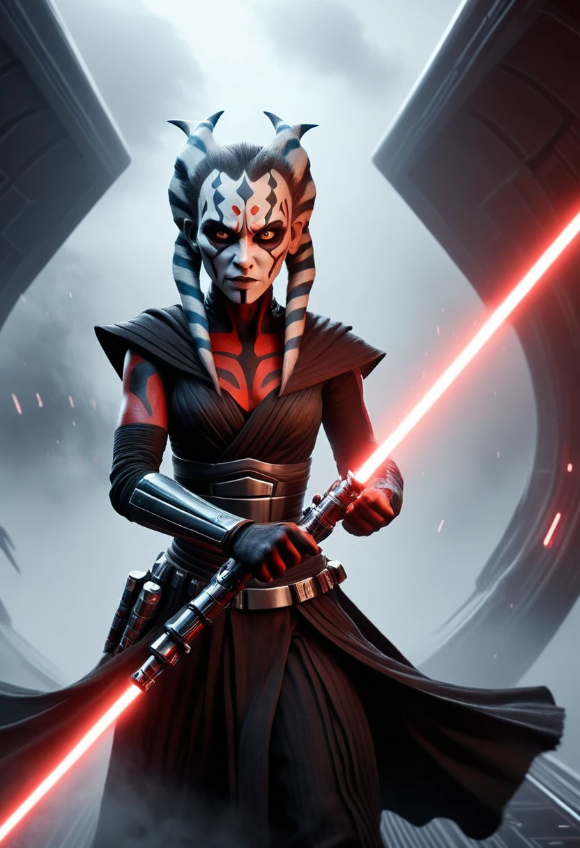 a Star Wars character, a Sith, Hyper detailed portrait of Zabrak Ahsoka Darth Maul, incredibly beautiful and dangerous, with Sith lightsaber in hand, runs along the deck of a spaceship, epic emotions and movements, galaxy fog, Perfect Composition, aesthetic, scandalous pose, full body, hyper realism, 5D Dimension, unreal engine, galaxy, 3d octane rendering, CGI, dark fantasy, by Zack Snyder