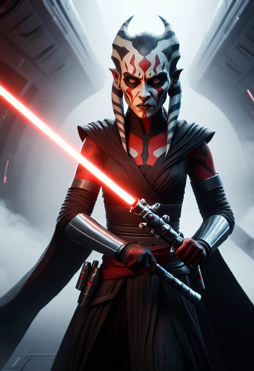 a Star Wars character, a Sith, Hyper detailed portrait of Zabrak Ahsoka Darth Maul, incredibly beautiful and dangerous, with Sith lightsaber in hand, runs along the deck of a spaceship, epic emotions and movements, galaxy fog, Perfect Composition, aesthetic, scandalous pose, full body, hyper realism, 5D Dimension, unreal engine, galaxy, 3d octane rendering, CGI, dark fantasy, by Zack Snyder
