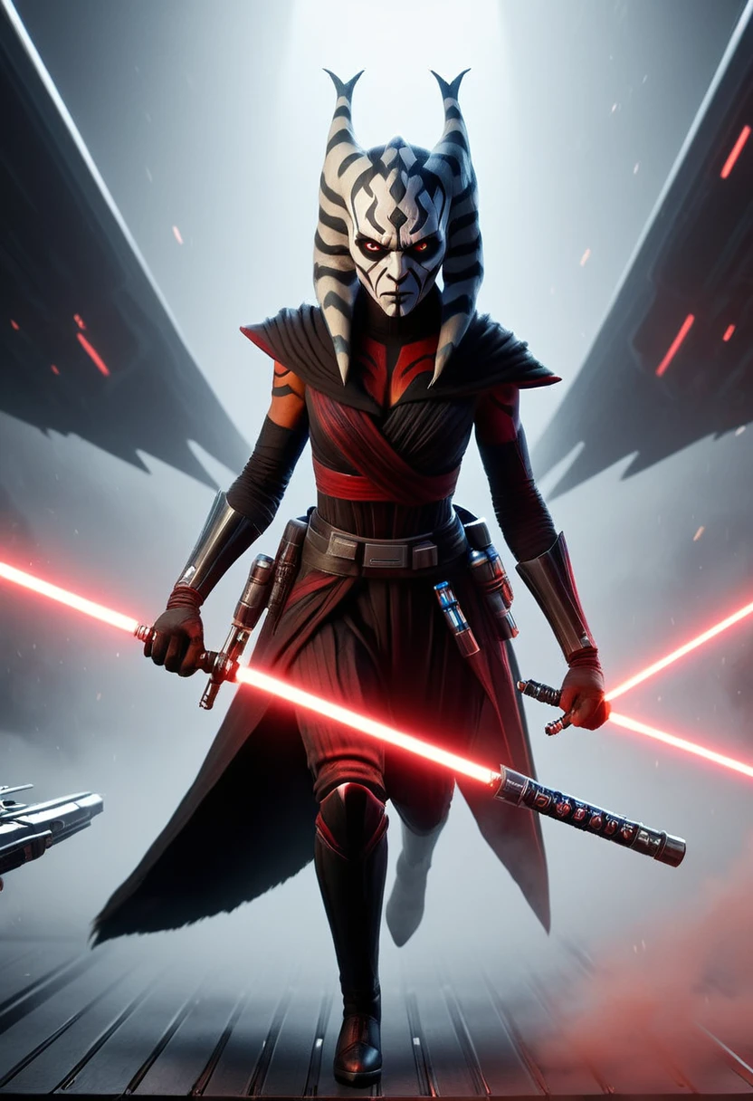 a Star Wars character, a Sith, Hyper detailed portrait of Zabrak Ahsoka Darth Maul, incredibly beautiful and dangerous, with Sith lightsaber in hand, runs along the deck of a spaceship, epic emotions and movements, galaxy fog, Perfect Composition, aesthetic, scandalous pose, full body, hyper realism, 5D Dimension, unreal engine, galaxy, 3d octane rendering, CGI, dark fantasy, by Zack Snyder