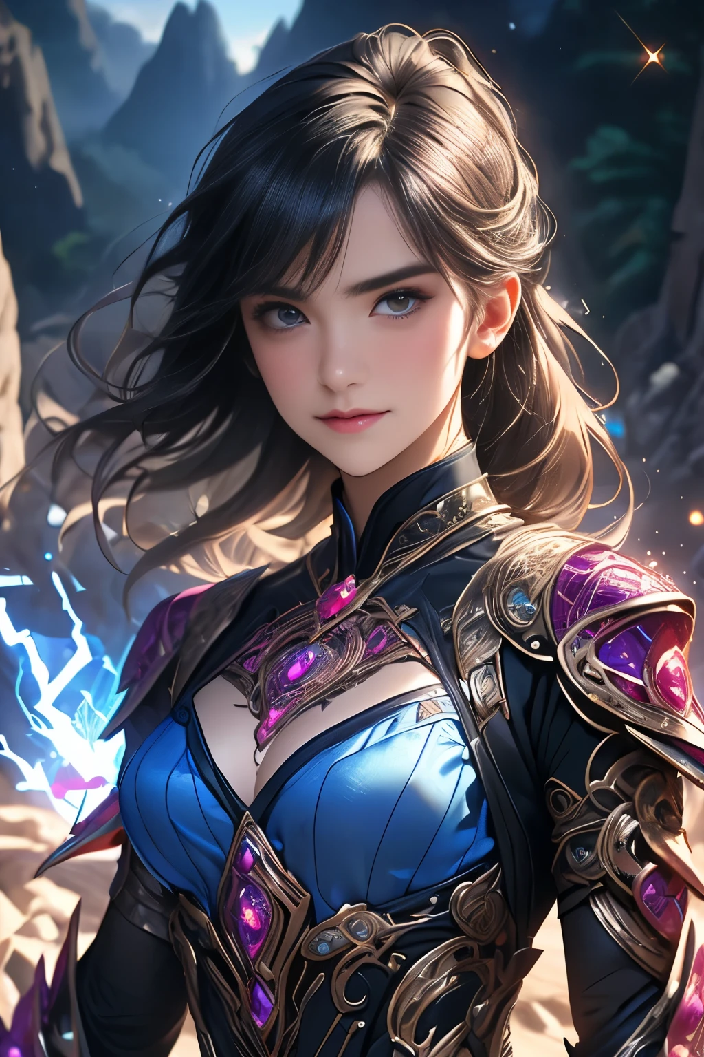 From Side, Photorealistic, Official art, Unity 8k wallpapr, 8K Portrait, Best Quality, Very high resolution, (Incredibly beautiful nature background:1.6), One girl, One beautiful teenage Italian girl, sixteen years old, Obscene, (Sexy and glamorous:1.1), (A coquettish expression:1.6), (small breasts with raised pink areolas:1.1), Vulgarity, (seductively smiling:1.2), (full body1.0), (erotic posing:1.5), (Magic Attack Pose:1.6),(magical effects like sparkles or energy:1.5), (Electric shock from hands:1.1), (Detailed blue bodysuit with beautiful fractal or marble design:1.5), (Beautiful and d delicate ruby, topaz, emerald and sapphire jewelry:1.45),  Beautiful seductive face, Portrait, (Thick eyebrows:1.2), (Big purple eyes:1.2), Beautiful eyes with fine symmetry, (ultra detailed eyes:1.1), (High resolution eyes:1.1), Intimate face, (ultra detailed skin texture:1.4), white skin, pale skin, Perfect Anatomy, Thin, (Beautiful toned body:1.1), Hair Bow, (Moist skin:1.1), full of sweat, No makeup, dark circles, Good anatomy, Focus Face, good looking, (Emilia Clark:0.6)  (Emma watson:0.3),(Jennifer Connelly:0.4), (sensual face:1.5), Elegant face, Nice, Dolce, Cyberpunk Sci-Fi, (Gauntlets with intricate and beautiful designs:1.2), Blurred background, Blurred foreground, depth of fields, (Motion Blur:1.1), Complex and colorful biomechanical bodysuit, Zentangle, mandalas, Entangled, (Small breasts:1.2), Sheer breast, large hips, drivel, grabbing on breasts