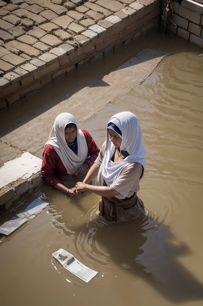 images of people in a flood and Jesus helping by sending donations. 