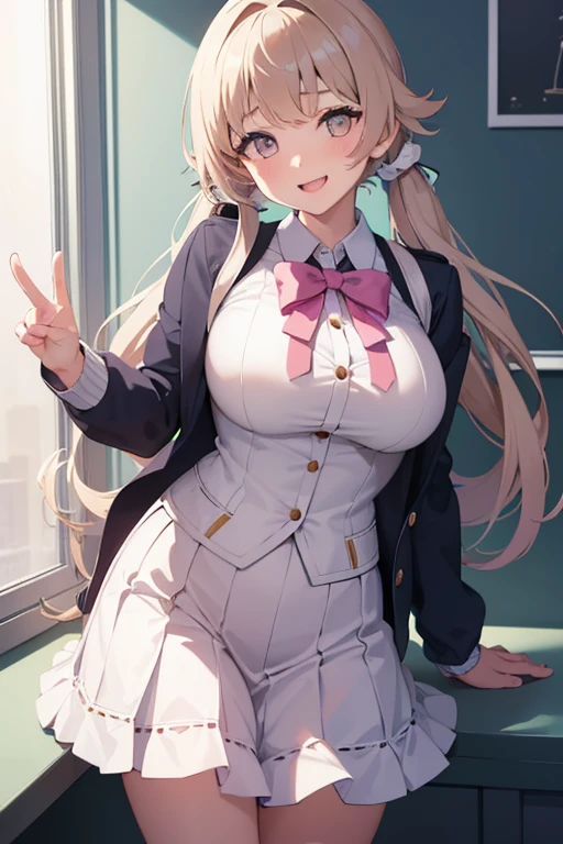 a girl student in a classroom leaning on a glass window, midday, silver eyes, wide smile, detailed intricate portrait, 8k resolution, wide viewing angles, huge firm bouncing bust, wearing a pink cardigan and white skirt, long brown curls, dynamic sweet pose, photorealistic, extremely detailed, ultra-fine painting, physically-based rendering, professional, vivid colors