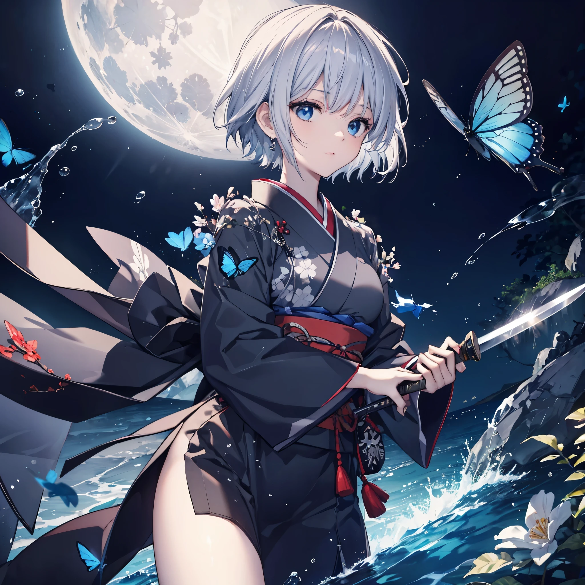 (((1 person))) ((High resolution Gray Hair short hair Black kimono Shoulder)) ((Black Band military commander Lonely despair blue eyes)) ((Blue Butterfly night Japanese style old Shining Aura garden water surface)) (dance 日本knife knife Slashing) moon star Draw your sword Slashing Catch the wind