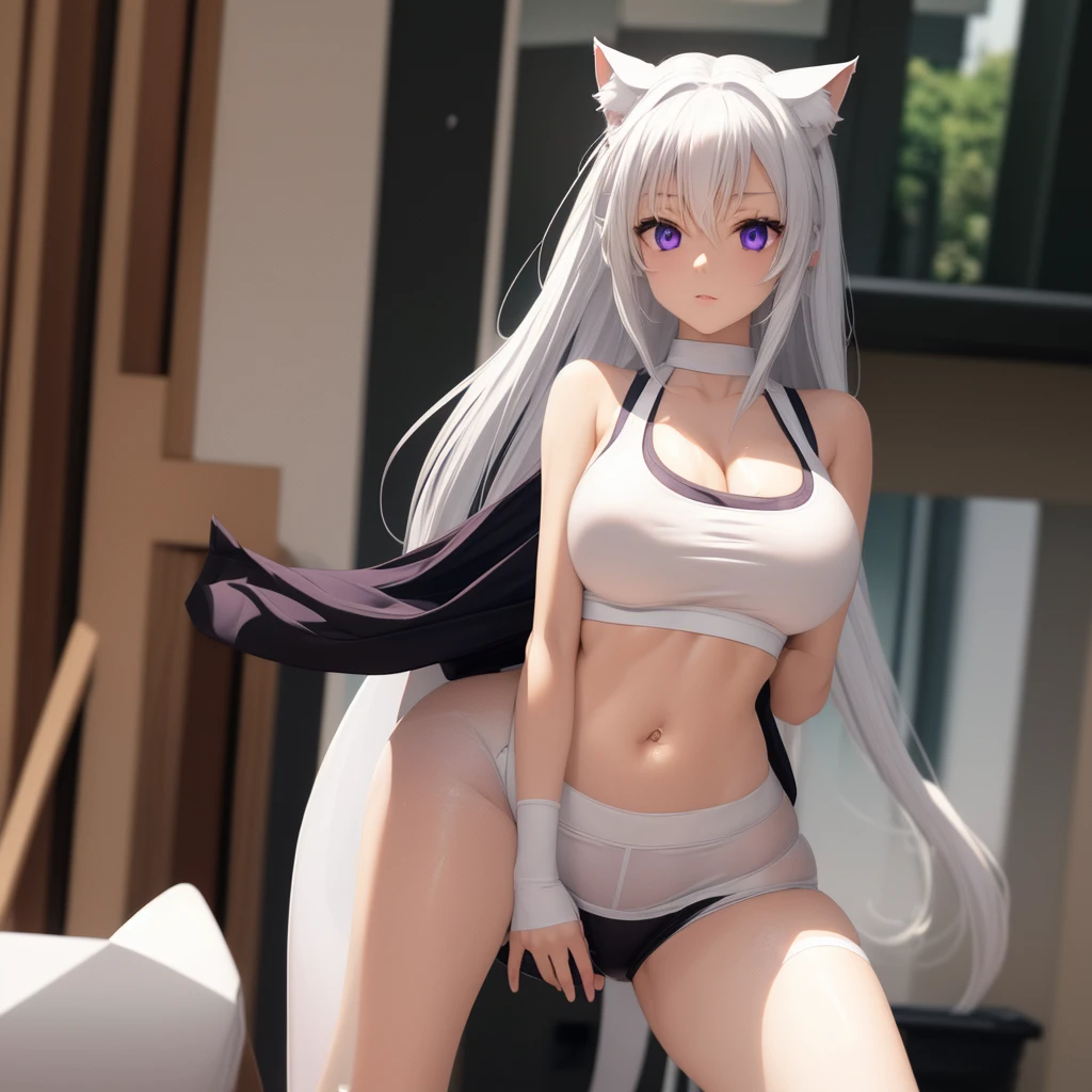 1girl, beautiful white neko, long white neko ears, white neko tail, anime style, purple eyes, big breasts, extremely detailed eyes and face, Wearing white and black sports bra, yoga shorts, white long hair