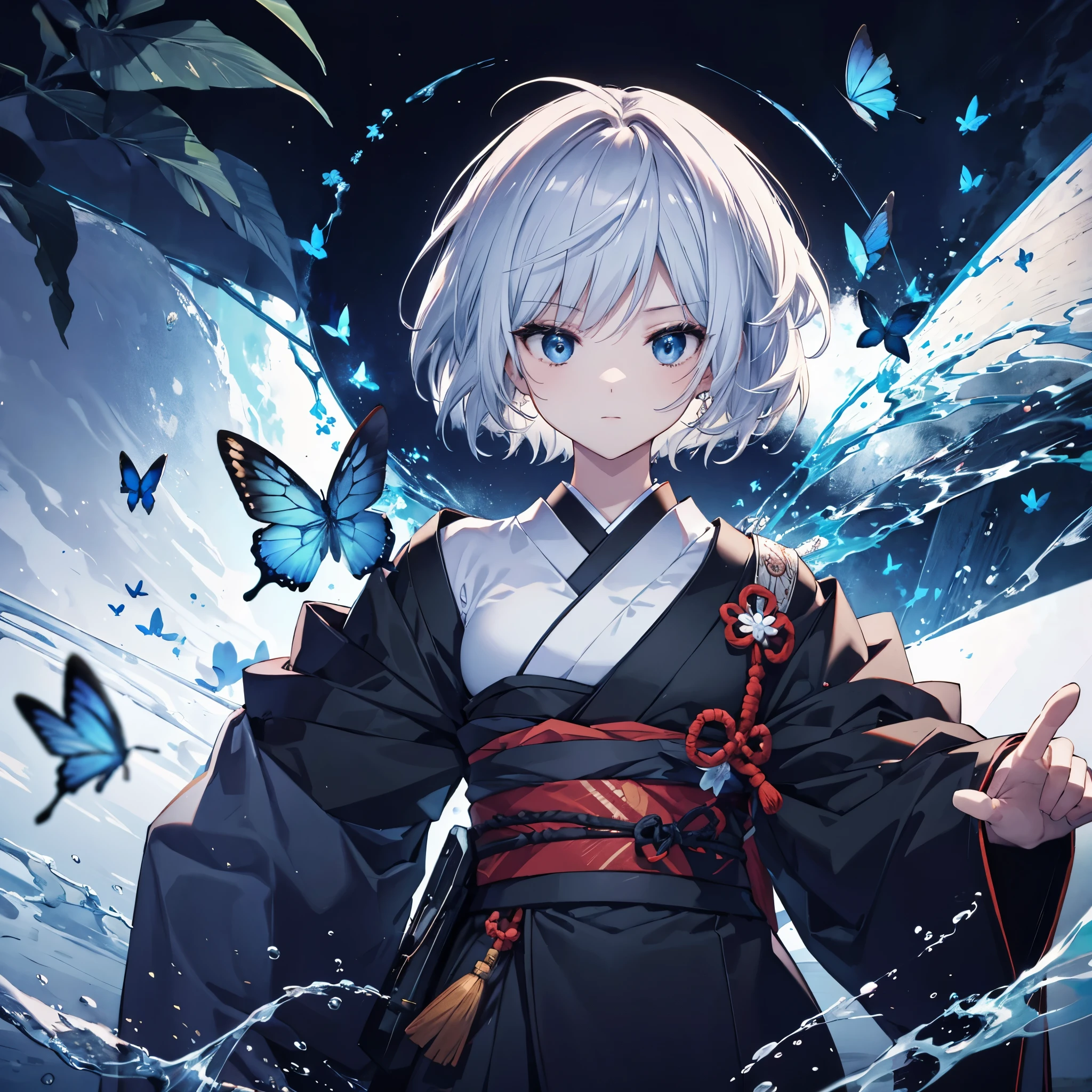 (((1 person)))　((High resolution　Gray Hair　short hair　Black kimono　Shoulder))　((Black Band　military commander　Lonely　despair　blue eyes))　((Blue Butterfly　night　Japanese style　old　Shining Aura　garden　water surface))　(dance　日本knife　knife　Slashing)　moon　star　Draw your sword　Slashing　Catch the wind　