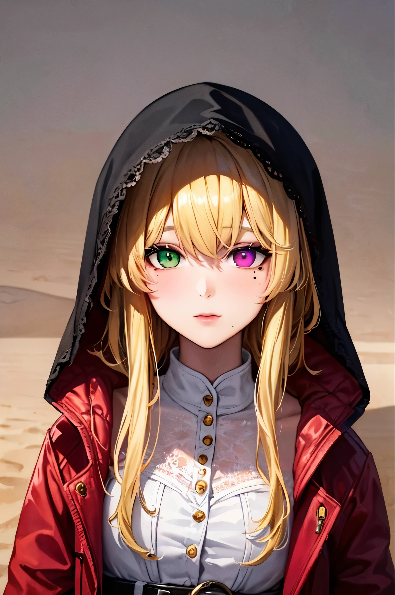 ((sand漠, sand, sand丘, Refraction effect, sun)), (masterpiece, Highest quality), (One girl), (alone), ((Portraiture)), Perfect Face, ((Heterochromia iridis, Blonde and purple hair, ((Red long parka)), Gothic unnecessary belts are everywhere, Mole under the eye)), the background is a beautiful sand漠 with cactus, Tumbleweed, Cinematic Light, sunny day, Dramatic lighting, Super detailed, 8k, watercolor, Dainty, delicate (Gothic Lace, Gothic Rose, Goth aesthetic)