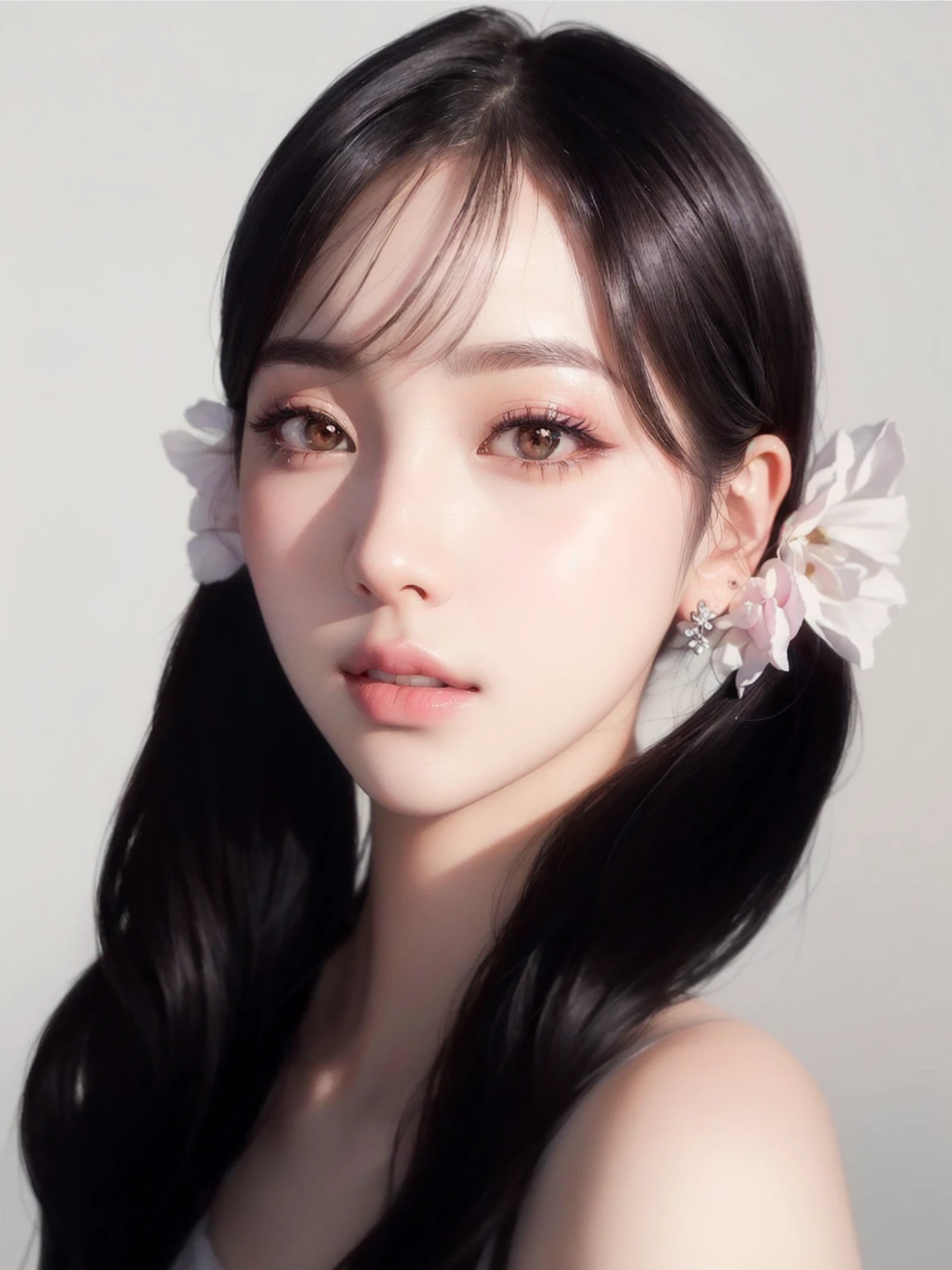 a close up of a woman with long hair wearing a white top, portrait of jossi of blackpink, portrait of female korean idol, sun yunjoo, popular south korean makeup, kawaii realistic portrait, high quality portrait, jaeyeon nam, popular korean makeup, portrait jisoo blackpink, jinyoung shin, park ji-min, realistic. cheng yi, kim doyoung