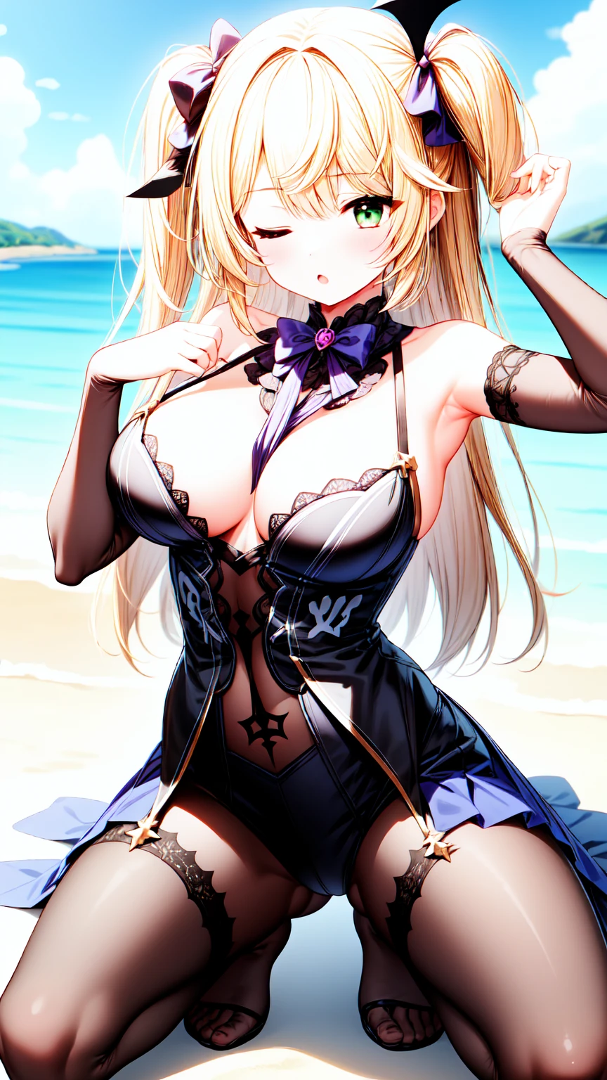 1girl, solo, large breasts, fischldef, embarrassed, ;o, one eyes closed, beach, kneeling, spread legs, skirt lift, lifting own skirt