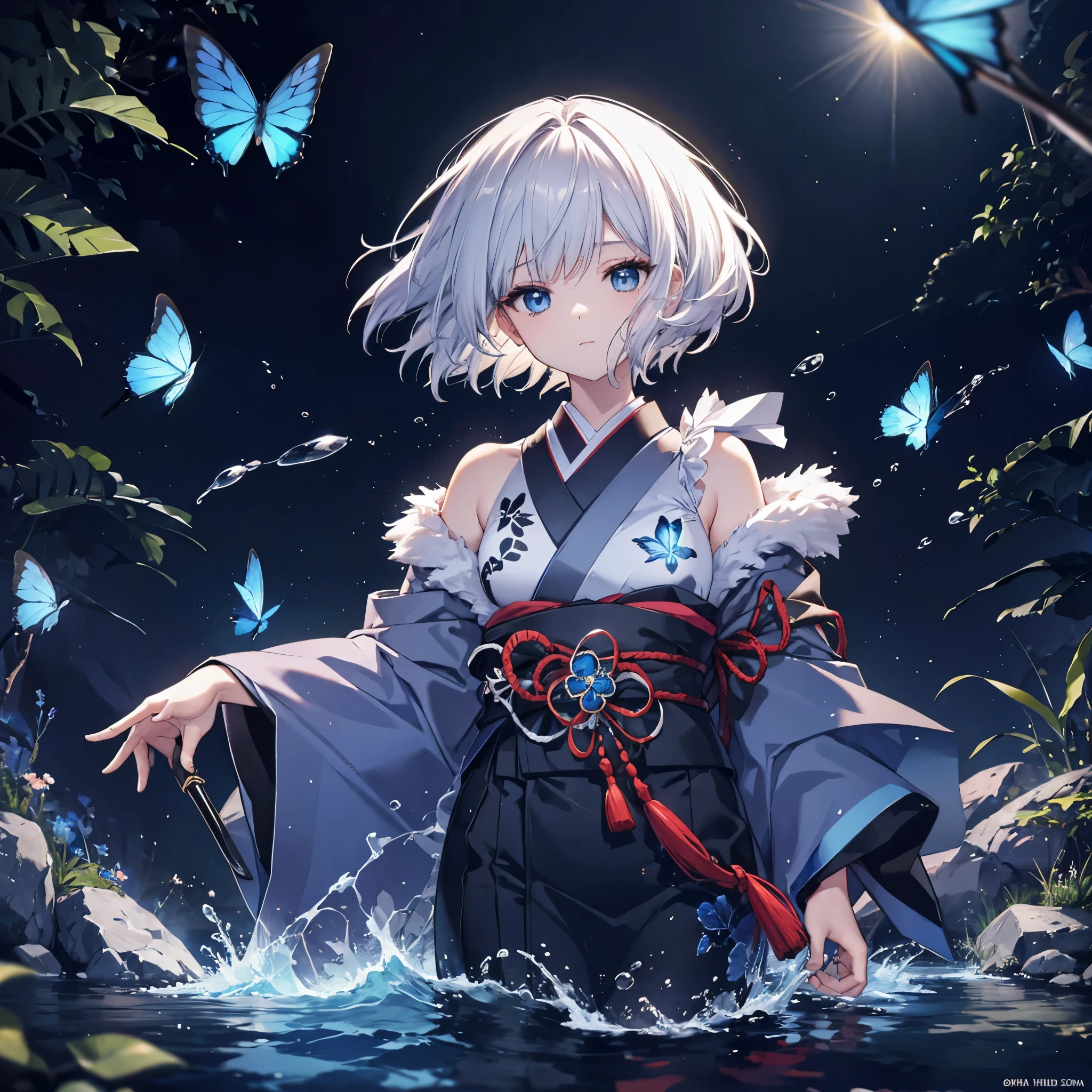 (((1 person)))　((High resolution　Gray Hair　short hair　Black kimono　Shoulder))　((Black Band　military commander　Lonely　despair　blue eyes))　((Blue Butterfly　night　Japanese style　old　Shining Aura　garden　water surface))　(dance　日本knife　knife　Slashing)　moon　star　Draw your sword　Slashing　Catch the wind　