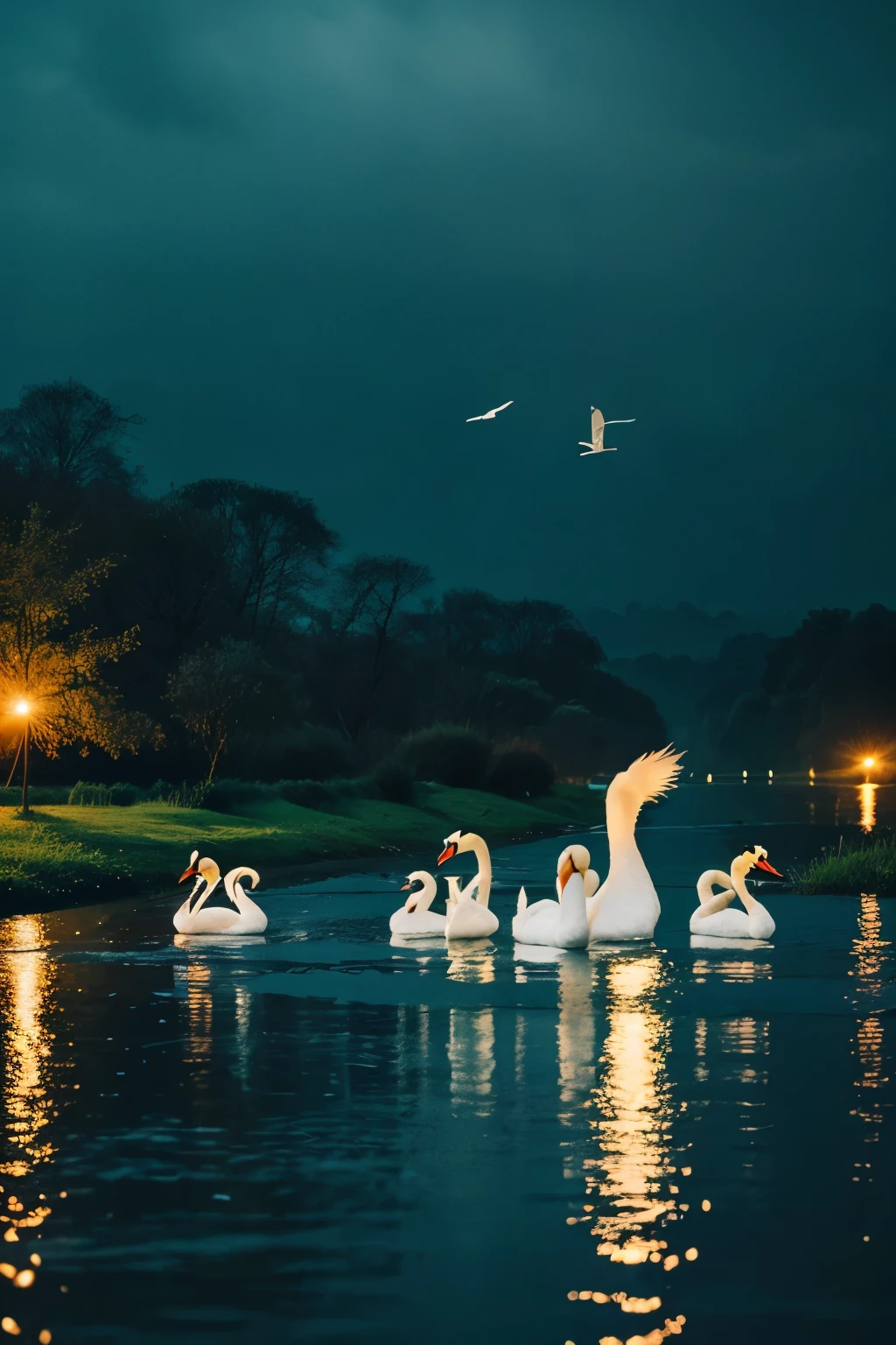 Group of swans fly near river bank in awesome rainy evening 