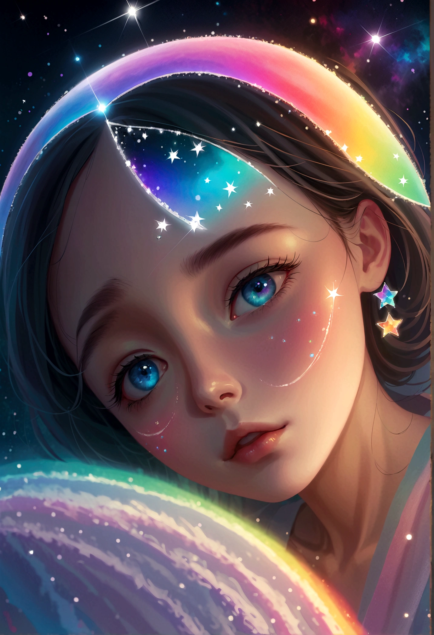 masterpiece, Cute girl, Break, Eye mask, portrait, High detail face, glare, Rainbow Colors, Global Illumination, Soft Light, Light of Dreams, number, 8K Close-up, fantasy, Night Sky, Star, nebula, White crystal, moonlight, peaceful, summer, (8K:1.1)