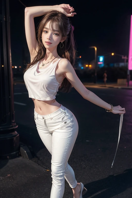 8K, Masterpiece, RAW photo, Best quality, Photorealistic, Extremely detailed CG unified 8K wallpapers, Depth of field, Cinematic light, Lens flare, Ray tracing, (Extremely beautiful face, Beautiful lips, Beautiful eyes), intricate detail face, ((ultra detailed skin)) 1girll, In the dark, deepshadow, Pretty Korean girl, Kpop idol, 1 girl, (Very slim and slender muscular body:1.3), ((full bodyesbian)),((Long legs)), ((view the viewer)),(Big smile:1.3), (Tight lace-up blouse), (Pink shirt), (Sleeveless) , (Fashion night, Dark night, (neon lights sign), (Blurred background), Fashion Street Night),(No one is in the background:1.3), Beautiful earrings, bangle, necklace, Pantyhose, Clear eyes, (Pale skin), (Big eyes), Face forward, ((full body shot shot)), ((Silk white tight trousers:1.3)),(big assa),(brown hairs),((Skinny silk pants)),(big assa), (view the viewer:1.3) open breast, Very slim, Medium breasts, Turn Back, Back shot, , underwear