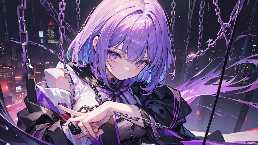 (One girl:1.3),alone,__Body parts__, Official Art, 8k unit wallpaper, Super detailed, Face close-up, beautifully、aesthetic, nice, masterpiece, Highest quality, Great atmosphere, Calm palette, Quiet atmosphere, Soft Shading, Shrine Maiden Miko, incantation, Family talisman, Duties of a Shrine Maiden, Dark aesthetic, Suit and tie、Black leather shorts with lots of chains on the body、And a black leather jacket,  The Tokyo cityscape in the background, (Messy purple short hair),