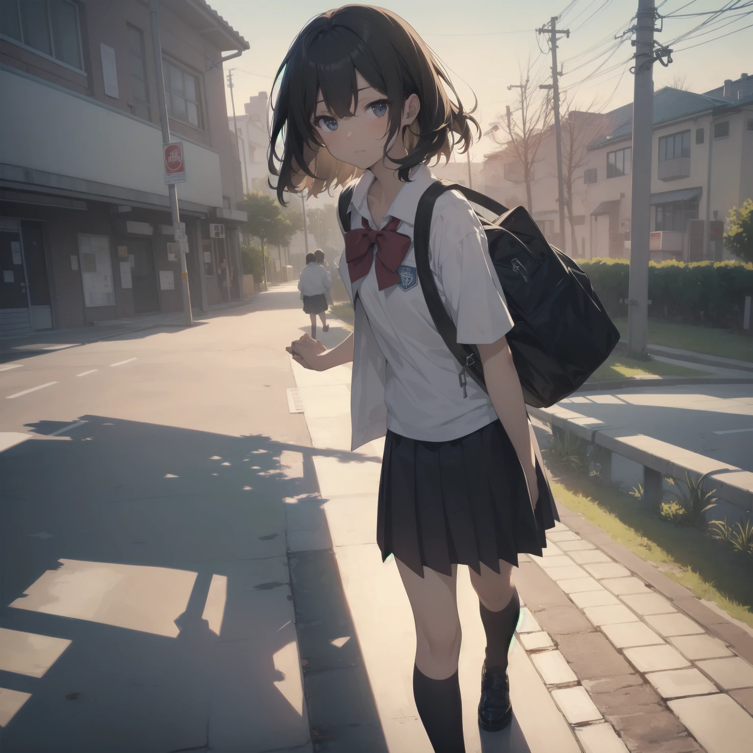 ultra-absurdres-Top quality by artist God, ultra-detailed, high resolution, anime moe artstyle, best anime 8k konachan wallpaper, pixiv contest winner, pool:2810, perfect anatomy,break, 1girl, (Please draw a girl walking sleepily to school alone. )break,(Solo,little female, 13-year-old:1.3),Full limbs, complete fingers,a junior high school student, (very short hair), short cut, flat chest, , small butt, small black eyes, beautiful detailed eyes, well-proportioned iris and pupils, expressive eyes, highres detailed hair, soft expression, salor school_uniform, sailor collar, serahuku, bow, pleated skirt,(Detailed Lighting), (Detailed background), in the School commute route. break,super detailed skin, Best cinematic lighting powered by famous artist, 8k,beauty illustration,photoshop_(medium),very aesthetic,break,((artist:takafumi )), artist:clamp ,artist:carnelian ,artist:kantoku ,