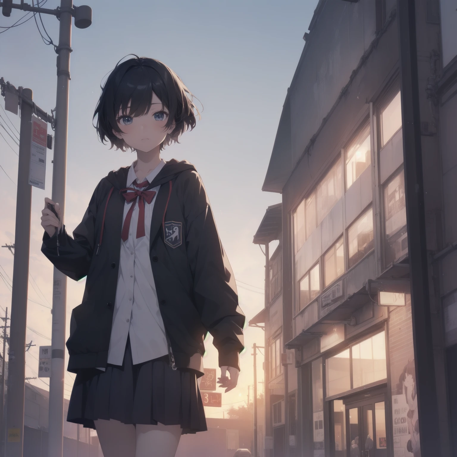 ultra-absurdres-Top quality by artist God, ultra-detailed, high resolution, anime moe artstyle, best anime 8k konachan wallpaper, pixiv contest winner, pool:2810, perfect anatomy,break, 1girl, (Please draw a girl walking sleepily to school alone. )break,(Solo,little female, 13-year-old:1.3),Full limbs, complete fingers,a junior high school student, (very short hair), short cut, flat chest, , small butt, small black eyes, beautiful detailed eyes, well-proportioned iris and pupils, expressive eyes, highres detailed hair, soft expression, salor school_uniform, sailor collar, serahuku, bow, pleated skirt,(Detailed Lighting), (Detailed background), in the School commute route. break,super detailed skin, Best cinematic lighting powered by famous artist, 8k,beauty illustration,photoshop_(medium),very aesthetic,break,((artist:takafumi )), artist:clamp ,artist:carnelian ,artist:kantoku ,