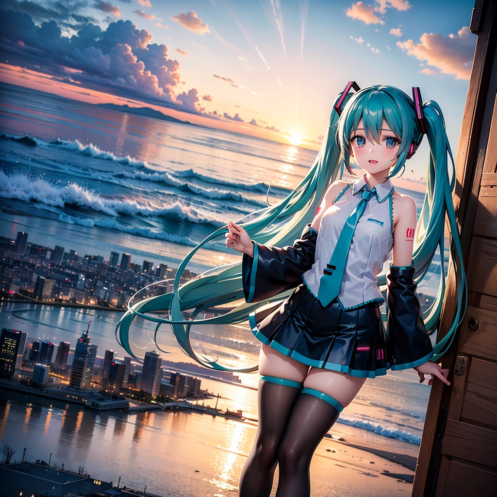 2D, masterpiece, highest quality, anime, very detailed, 1 girl, Hatsune Miku,flying in the sky,Above the city,flying with an aircraft