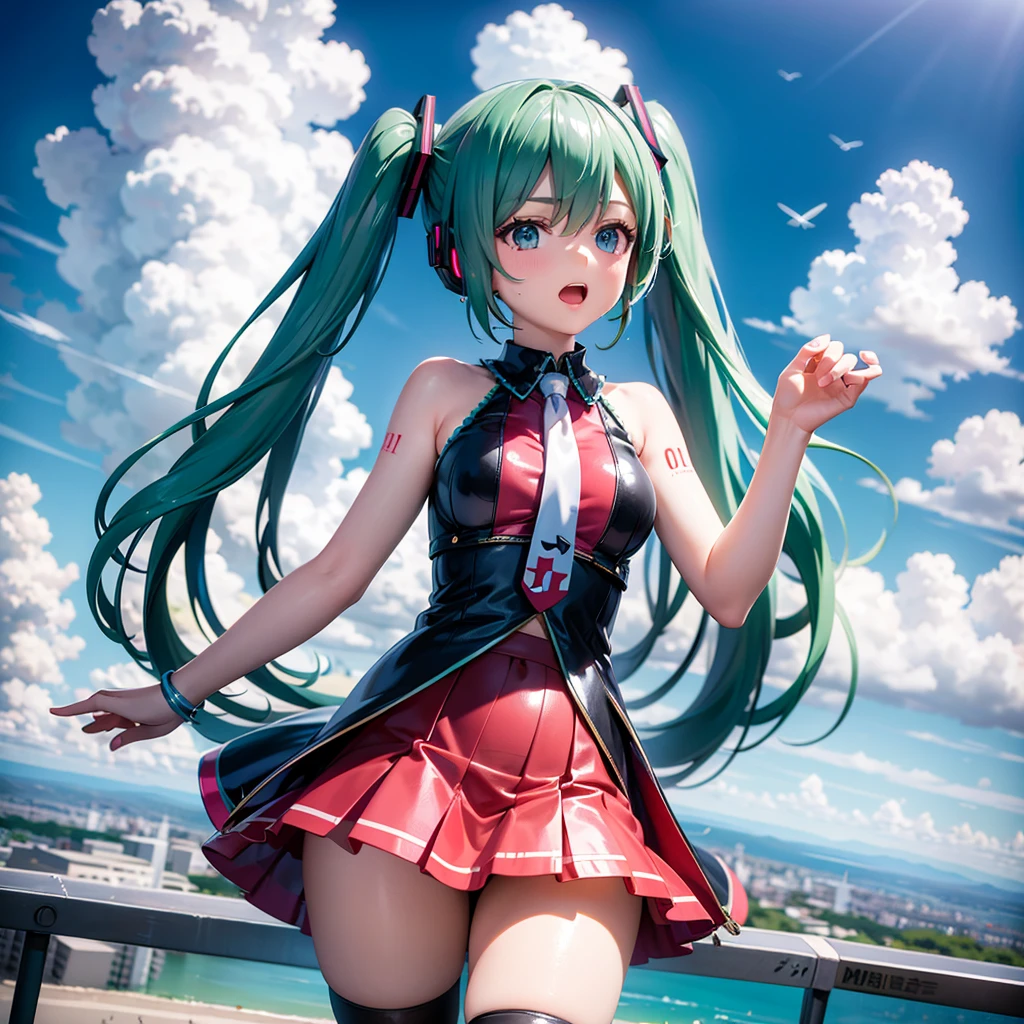 2D, masterpiece, highest quality, anime, very detailed, 1 girl, Hatsune Miku,flying in the sky,Above the city,flying with an aircraft