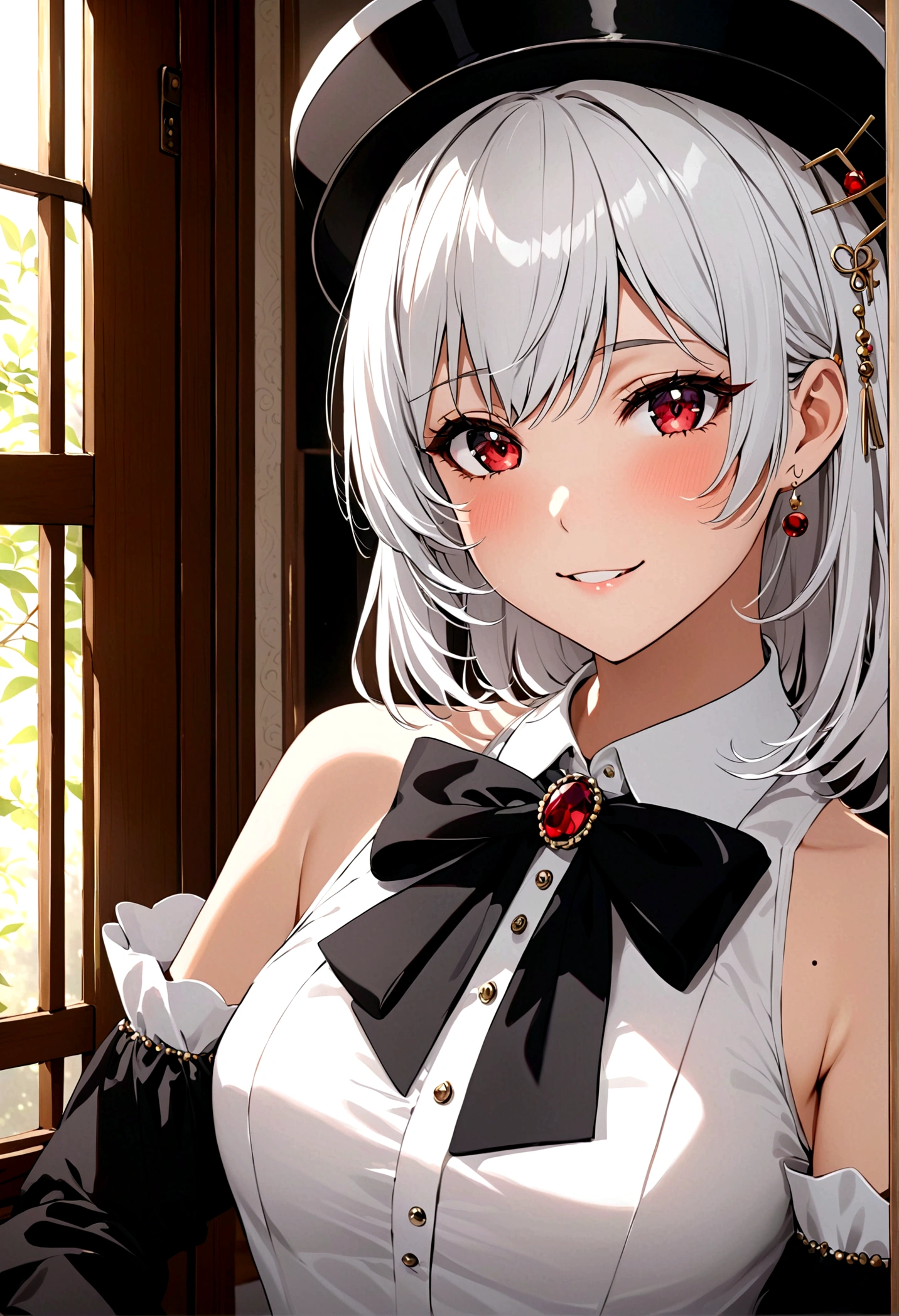 room,Idol cloth,masterpiece,best quality,White hair,Eye mask,Red Eyes,White shirt,(Black formal hat),(Hairpin:1.3),(Small mouth mole:1.3),Smile,high resolution,4k,Black detachable sleeves, Upper Body,