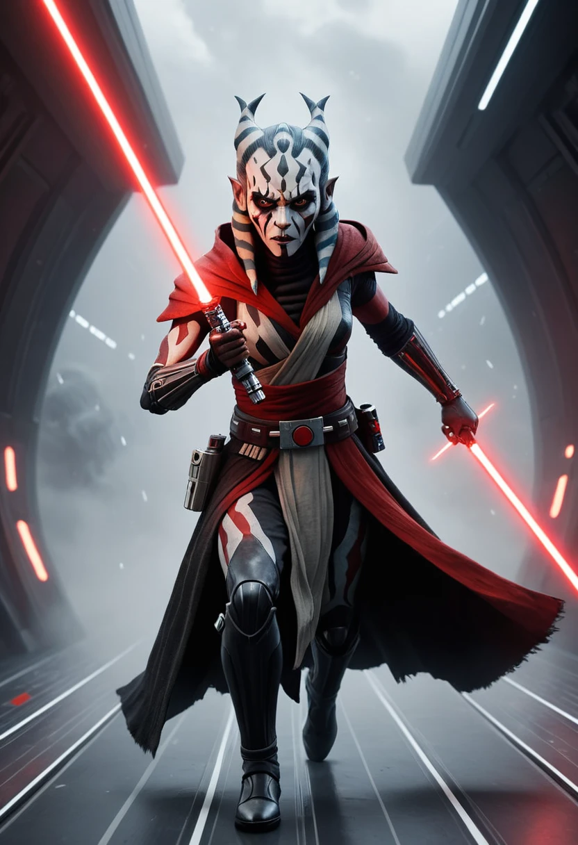 a Star Wars character, a Sith, Hyper detailed portrait of Zabrak Ahsoka Darth Maul, incredibly beautiful and dangerous, with Sith lightsaber in hand, runs along the deck of a spaceship, epic emotions and movements, galaxy fog, Perfect Composition, aesthetic, scandalous pose, full body, hyper realism, 5D Dimension, unreal engine, galaxy, 3d octane rendering, CGI, dark fantasy, by Zack Snyder
