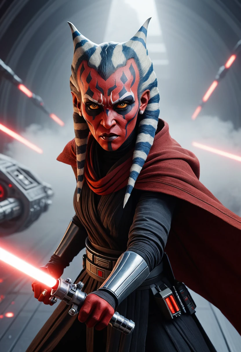 a Star Wars character, a Sith, Hyper detailed portrait of Zabrak Ahsoka Darth Maul, incredibly beautiful and dangerous, with Sith lightsaber in hand, runs along the deck of a spaceship, epic emotions and movements, galaxy fog, Perfect Composition, aesthetic, scandalous pose, full body, hyper realism, 5D Dimension, unreal engine, galaxy, 3d octane rendering, CGI, dark fantasy, by Zack Snyder
