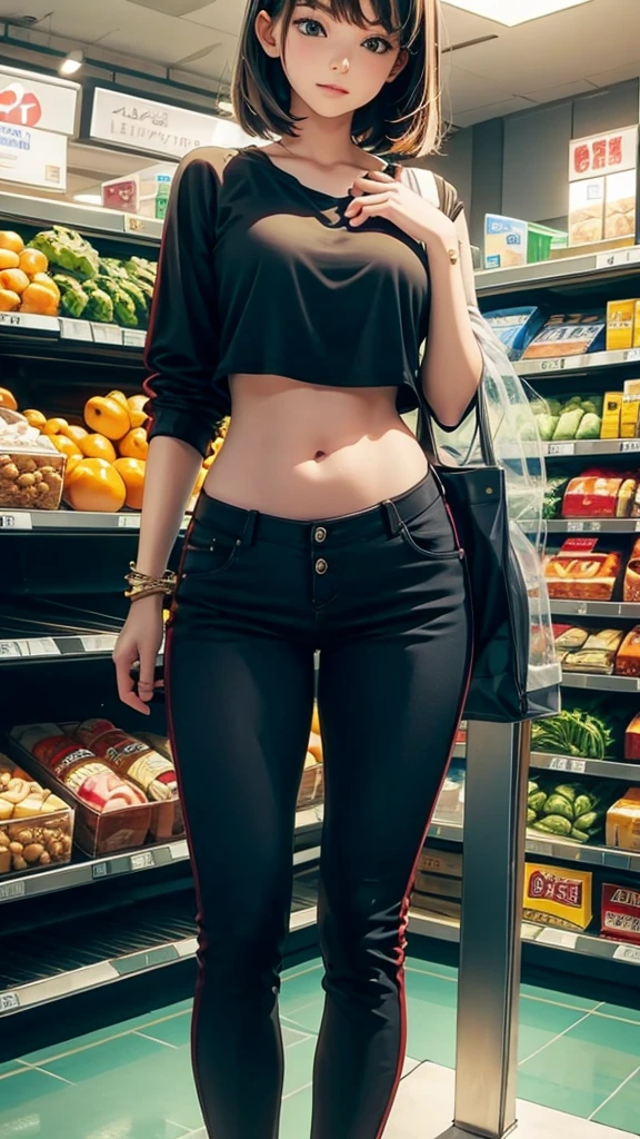 Women in crop top, supermarket , showing navel, show belly, in supermarket, expose a lot of abdomen area around belly button, realistic bellybutton shape, very low waist pants , beautiful belly