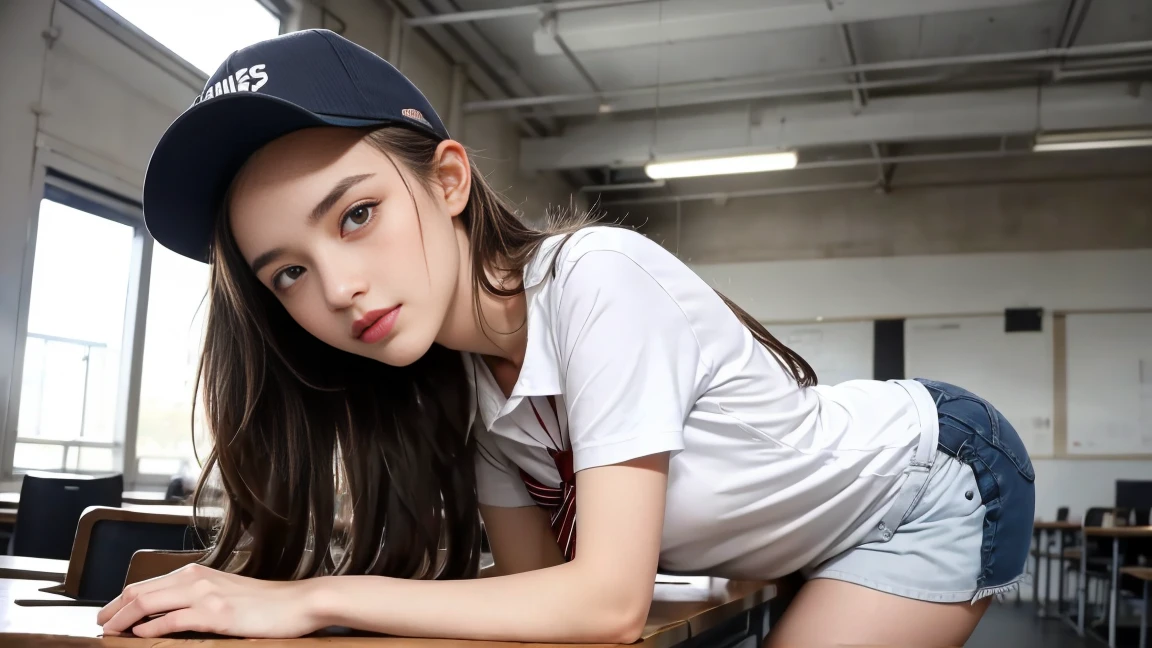sexe entre deux femme sexy et mince de 18 ans , white short sleeve checkered shirt, dans une salle de classe , casquette, ,jambe visible,se touche
