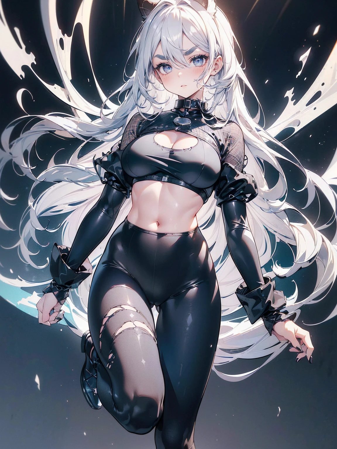 (White Hair Girl), (Thick, dark blue eyebrows:1.4), (Dark blue eyebrows:1.7), (Thick eyebrows:1.3), (Huge black fluffy animal ears:1.1), (Black animal ears:1.1), break, (((Mesh Stitching Crop T-Shirt, Cutout Long Sleeve Top))),break, (Big Breasts:1.2, Thick legs, Adult female body, Sturdy body:1.2), ((full body:1.7, Contrapposto:1.5)), (sharp eyes, Ultra-high definition CG, Precisely designed costumes, 4k, 8k, Ultra-high definition CG, Precisely designed costumes, Clear lines, Expressive and Captivating Eyes, Fine Details and Realistic Textures, cinematic lighting), ((white background)), break, (Wearing black leggings with holes), Skinny sleeves, (Torn and holey leggings:1.2)(Black leggings:1.4), (過剰なRuggedThick soleブーツを履いています:1.2), (Thick sole:1.5), (Big shoes:1.3), ((Beam SE, embarrassed))　