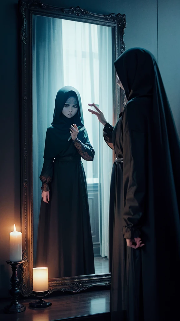 A woman in a veil and headscarf looks at herself in the mirror., horror picturesgraphy, ภาพที่น่าafraid, horror pictures, ภาพน่าafraid, very ภาพน่าafraid, Creepy pictures, creepy spirits, Horror drama moments, afraid, horror pictures, Creepy photography, ดูน่าafraid, น่าafraidแต่น่าหลงใหล, Dark and horror style, ท่าทางน่าafraid