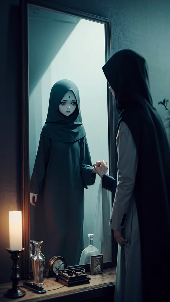 A woman in a veil and headscarf looks at herself in the mirror., horror picturesgraphy, ภาพที่น่าafraid, horror pictures, ภาพน่าafraid, very ภาพน่าafraid, Creepy pictures, creepy spirits, Horror drama moments, afraid, horror pictures, Creepy photography, ดูน่าafraid, น่าafraidแต่น่าหลงใหล, Dark and horror style, ท่าทางน่าafraid