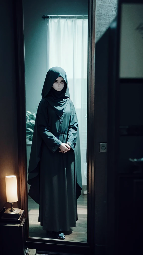 A woman in a veil and headscarf looks at herself in the mirror., horror picturesgraphy, ภาพที่น่าafraid, horror pictures, ภาพน่าafraid, very ภาพน่าafraid, Creepy pictures, creepy spirits, Horror drama moments, afraid, horror pictures, Creepy photography, ดูน่าafraid, น่าafraidแต่น่าหลงใหล, Dark and horror style, ท่าทางน่าafraid