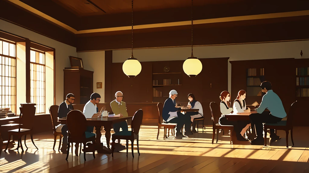 Um encontro casual em uma biblioteca silenciosa, where the characters exchange shy glances. Soft sound of glasses and cups being placed on tables. Light murmur of low conversations and muffled laughter. (melhor qualidade), 8k resolution), (ultra highres)
