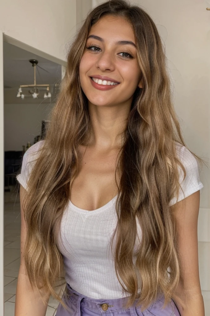 24YO,one attractive Jordanian women, purple shirt, cute smile, cute face, white teethes, skinny face, light brown eyes, small nose, black/blonde long hair