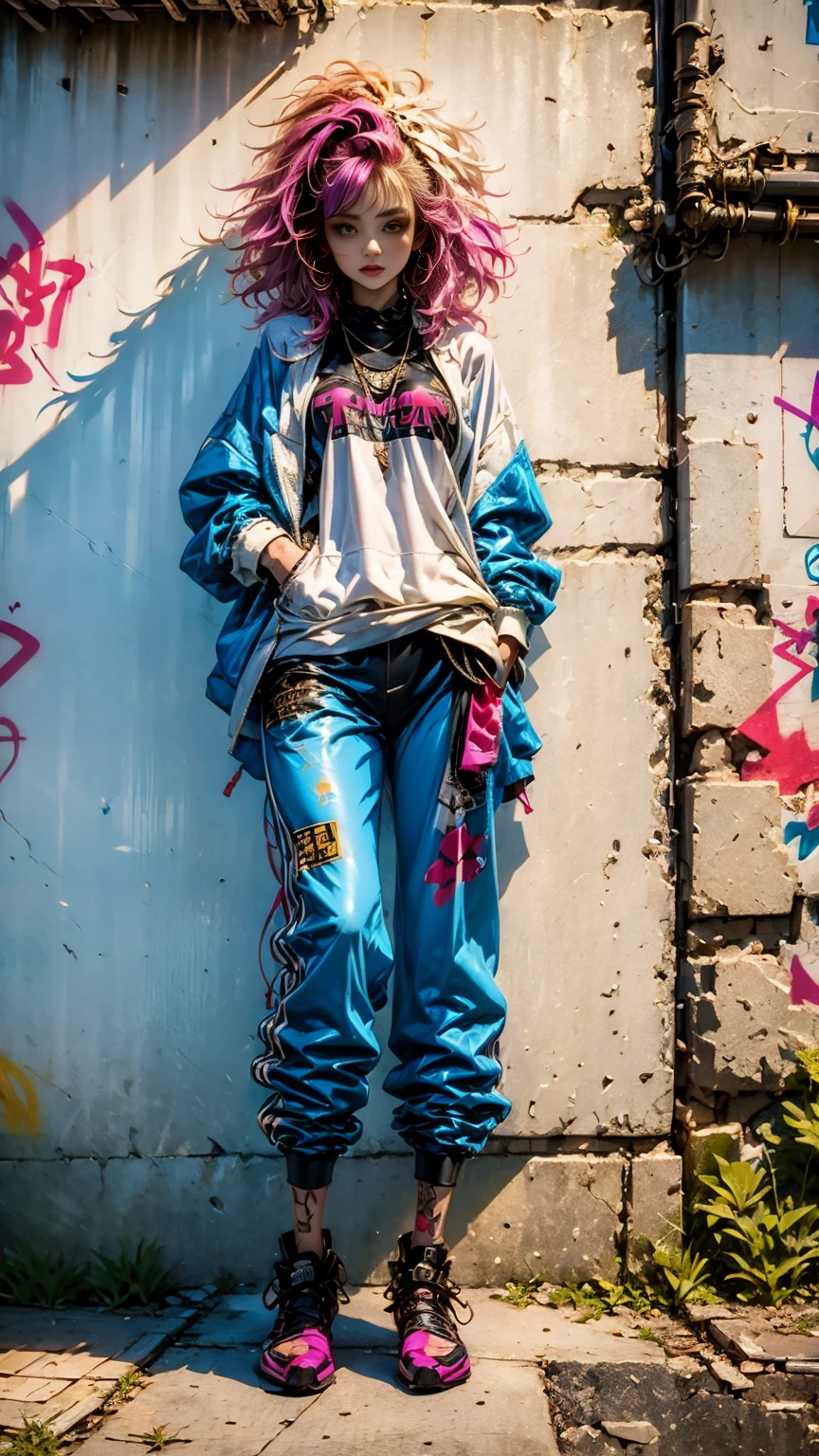 ((long shot, full body: 1.6)), purple: 1.5, orange: 1.1, green: 1.3, White: 1.3, yellow: 1.3, (rapper girl with scary hair, highly detailed eyes and body and beautiful baggy and baggy clothes :1.6), tattoos, (walls with Graffiti: 1.2), flower, Leaves, born in the mist, lines, leaning on the wall with a spray paint in her hand, action pose, 32K.