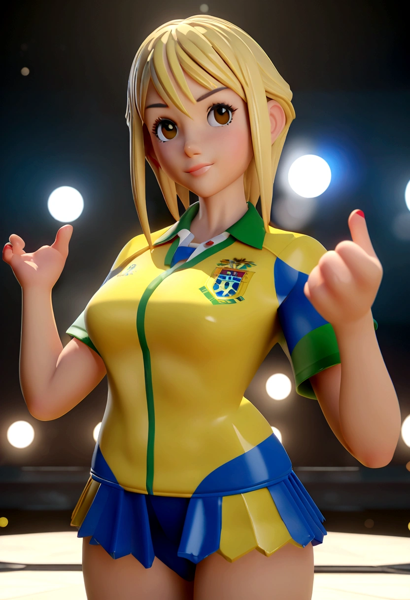 Cartoon character of blonde women with the yellow shirt of Brazil national team, um personagem animado, Caractere estilizado, animation style rendering, 3D estilizado, Arnold Maya rendering, Stylized 3D rendering, toon render screenshot, Personagem 3D, Personagem 3D, Stylized 3D rendering, 3D character rendering, personagem de desenho animado, Personagem de close up, Pose de personagem, (Estilo Pixar) (parte mestre:1.2) (bokeh) (melhor qualidade) (pele detalhada) (textura detalhada) (8K) (argila) (cinematic lighting) (sharp focus，Senta e vaza a parte superior do corpo