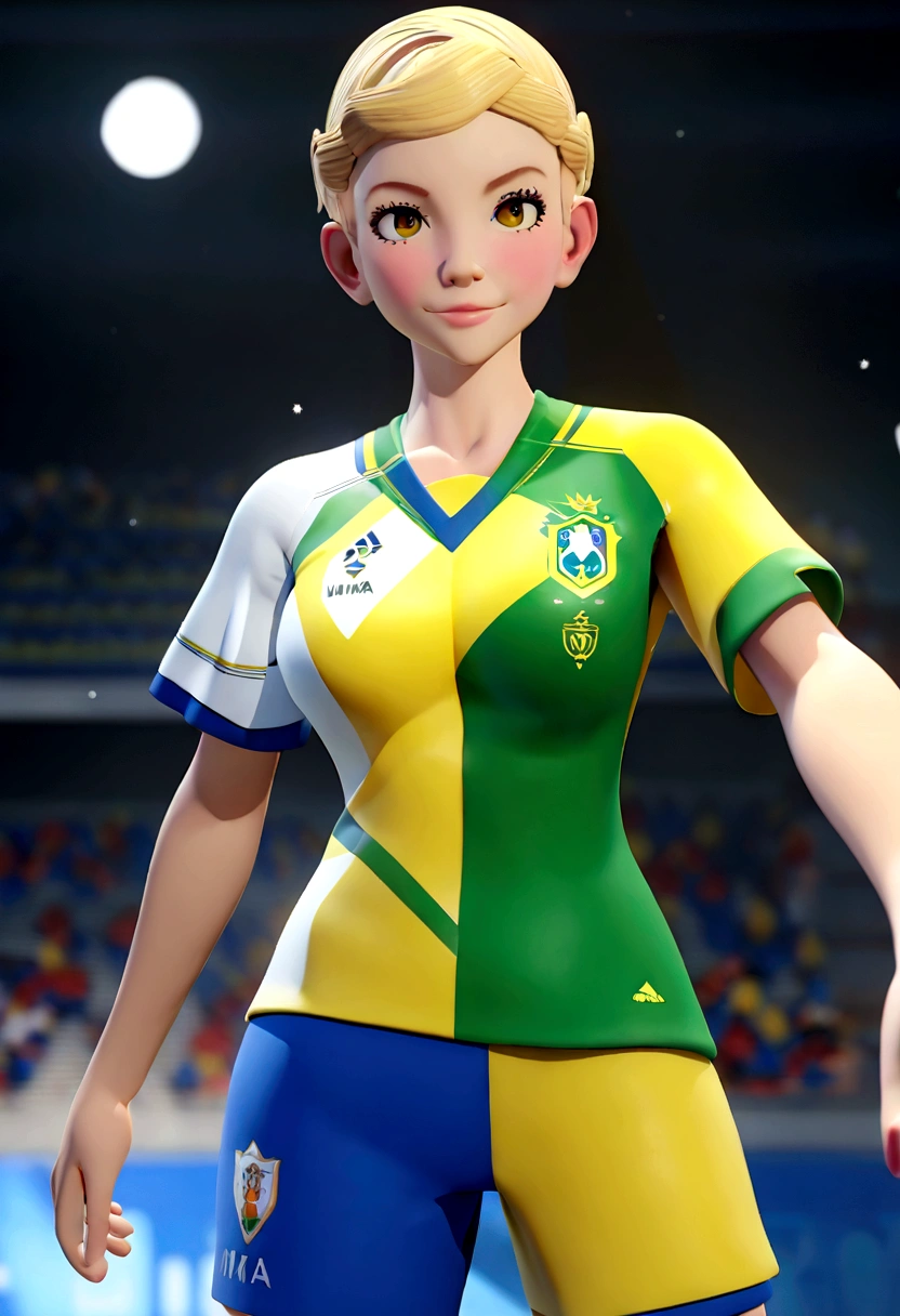 Cartoon character of blonde women with the yellow shirt of Brazil national team, um personagem animado, Caractere estilizado, animation style rendering, 3D estilizado, Arnold Maya rendering, Stylized 3D rendering, toon render screenshot, Personagem 3D, Personagem 3D, Stylized 3D rendering, 3D character rendering, personagem de desenho animado, Personagem de close up, Pose de personagem, (Estilo Pixar) (parte mestre:1.2) (bokeh) (melhor qualidade) (pele detalhada) (textura detalhada) (8K) (argila) (cinematic lighting) (sharp focus，Senta e vaza a parte superior do corpo