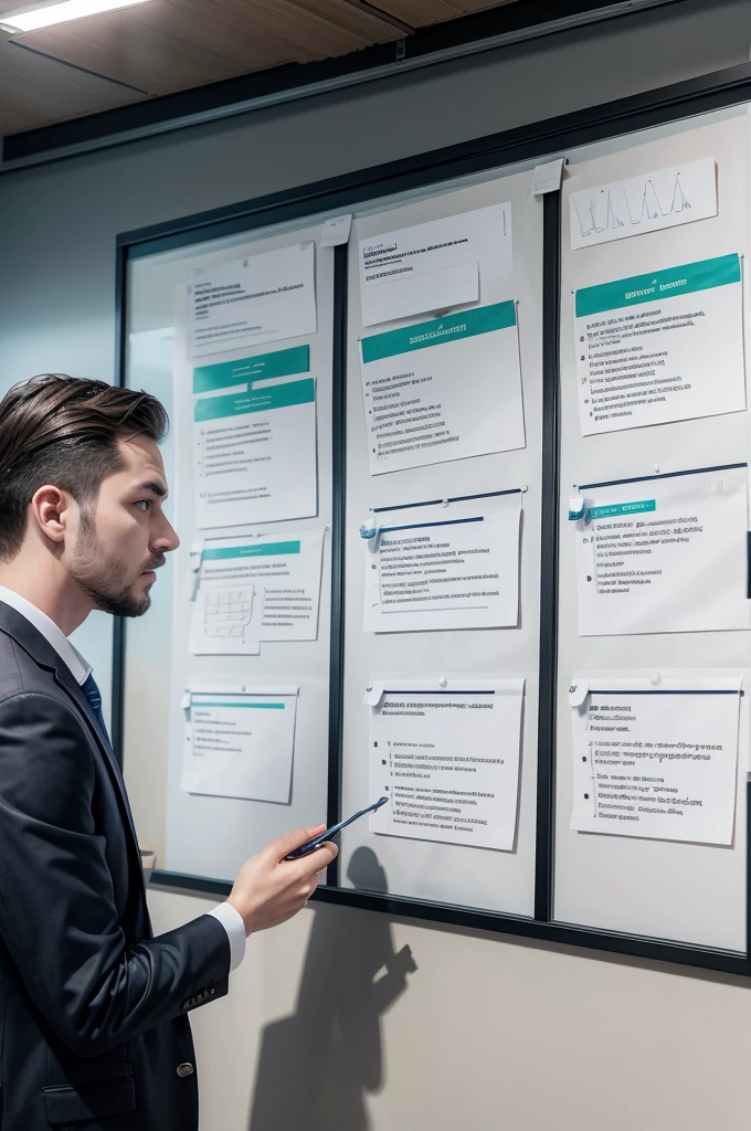 Employees of a company looking at a board, using the Kanban technique, para organizar tarefas!