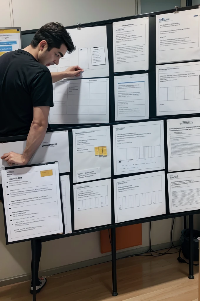 Employees of a company looking at a board, using the Kanban technique, para organizar tarefas!