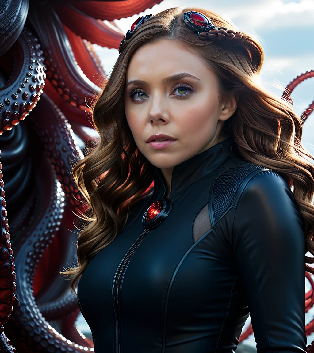 cinematic film still a woman in black standing in front of a large octopus, elizabeth olsen as black widow, an epic scifi movie still, portrait beautiful sci - fi girl, epic scifi movie still, highly detailed vfx portrait of, cinematic goddess shot, movie still 8 k, sci-fi cinematic movie still, miss aniela, portrait shot, elizabeth olsen as scarlet witch . shallow depth of field, vignette, highly detailed, high budget, bokeh, cinemascope, moody, epic, gorgeous, film grain, grainy