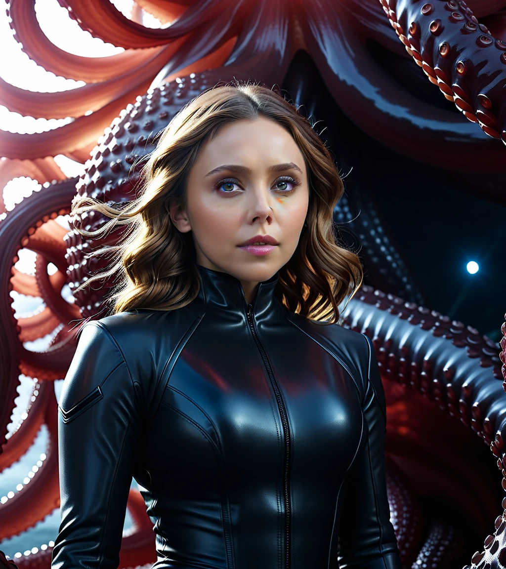 cinematic film still a woman in black standing in front of a large octopus, elizabeth olsen as black widow, an epic scifi movie still, portrait beautiful sci - fi girl, epic scifi movie still, highly detailed vfx portrait of, cinematic goddess shot, movie still 8 k, sci-fi cinematic movie still, miss aniela, portrait shot, elizabeth olsen as scarlet witch . shallow depth of field, vignette, highly detailed, high budget, bokeh, cinemascope, moody, epic, gorgeous, film grain, grainy