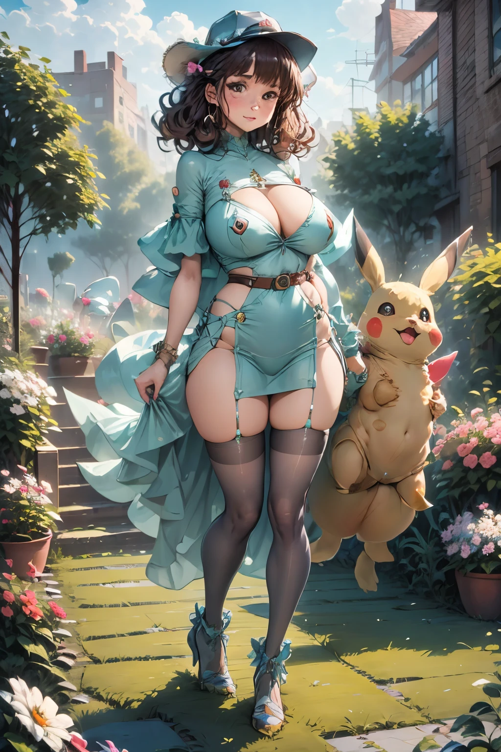 masterpiece,best quality,high resolution,Extremely detailed,Elena,have,Long hair,curls,Pink Eyes,earrings,cape,dress,Short sleeve,Gloves,belt,skirt,Black pantyhose,boots,Wind lift,blush,(Make it embarrassing:1.2),outdoor,garden,