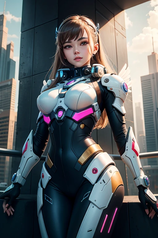 Woman in a futuristic suit standing in a futuristic city, Girl wearing mecha cyber armor, (Mechanized Valkyrie Girl), (Beautiful cyborg angel girl), Cyberpunk Girl Mecha, Unreal Engine Rendering + goddess, Cyberpunk Girl, Beautiful Caucasian girl cyborg、Medium chest、smile、(top-down bottom-up)