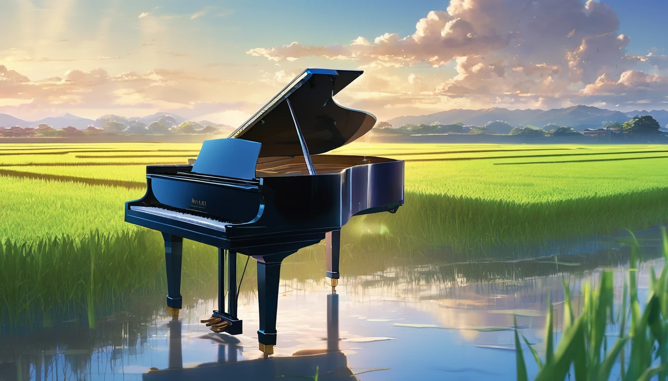 A grand piano in the Japanese countryside、In the background, rice fields are planted.、The sky is a piercing blue.、Makoto Shinkai style touch、A grand piano placed on the bank in front of the rice fields、The piano is not submerged in water.、A grand piano placed beside a rice field